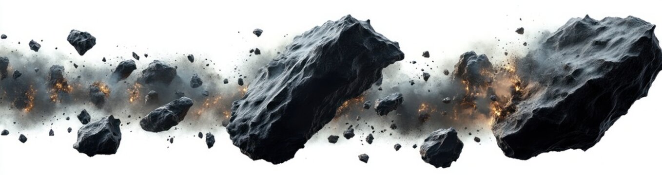 large dark rocky asteroids exploding and scattering fiery debris and smoke across space, dramatic chaotic energy and intense motion