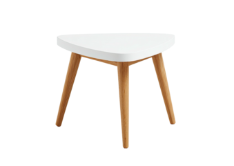 White, rounded triangle table with wooden legs