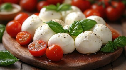 fresh mozzarella balls with cherry tomatoes and basil on a rustic wooden board, seasoned with pepper and olive oil, appetizing and vibrant