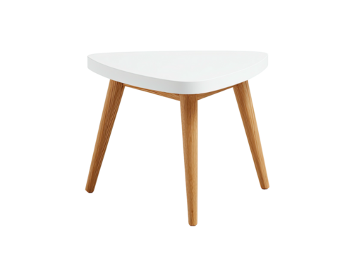 White, rounded triangle table with wooden legs