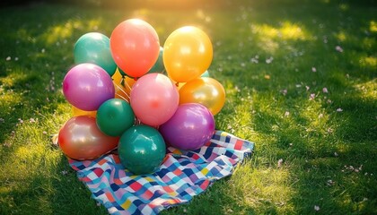 cluster of colorful balloons on a checkered picnic blanket on sunlit green grass evoking a cheerful playful celebration