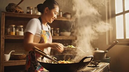 A woman happily cooking with steam rising from a wok in a cozy, naturally lit kitchen setting