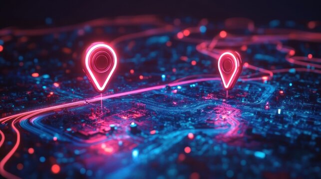 Two glowing neon location markers hovering above a futuristic digital city map of blue and pink lights, evoking connectivity, movement, and high-tech navigation