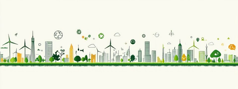 panoramic eco city skyline with wind turbines, high-rise buildings, trees, solar and recycling icons conveying a hopeful, clean and sustainable urban future