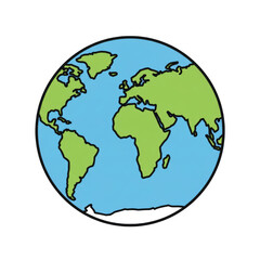 Illustration of the Earth showing continents and oceans in green and blue with a black outline.
