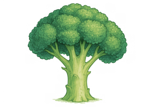 Broccoli tree with green florets on branches, healthy food concept, vegetarianism and nature, transparent background