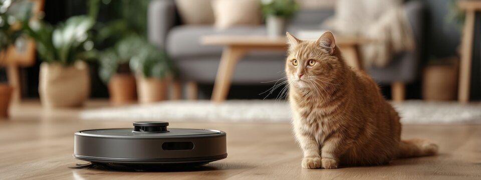 Domestic scene with orange cat observing robotic vacuum on wooden floor in cozy living room