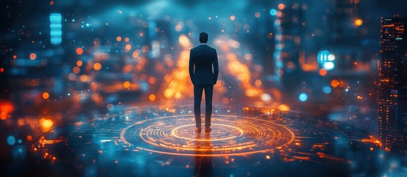 silhouetted businessman standing on a glowing circular digital platform overlooking a neon city skyline at night, evoking solitude, contemplation and futuristic ambition