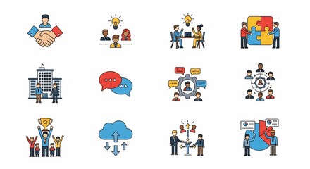 A collection of business and teamwork icons illustrating concepts like collaboration, communication, success, and data analysis.