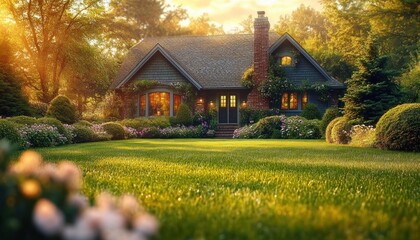 Cozy cottage with gabled roof and brick chimney, warm glowing windows, lush manicured lawn and flowering garden bathed in golden sunset light, peaceful and inviting scene