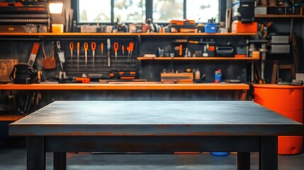 empty metal workbench in organized workshop with pegboard of hand tools, shelves of power tools and storage bins, warm lighting conveying a focused industrious mood