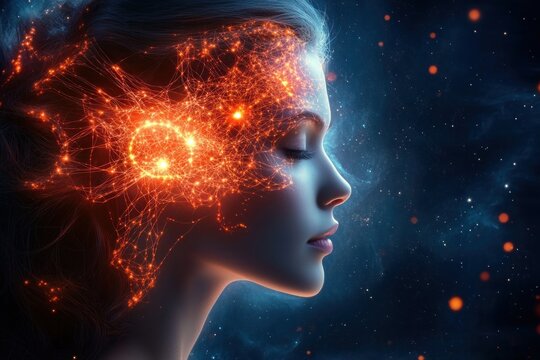 side profile portrait with glowing neural network and fiery synapses at the temple against a starry cosmic background conveying wonder and introspective curiosity