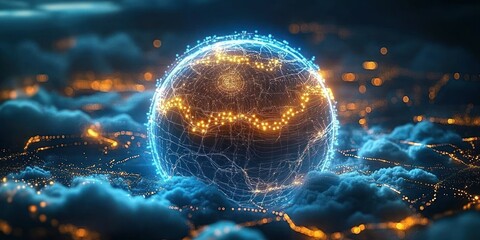Glowing digital globe of interconnected blue wireframe and golden data nodes hovering above soft clouds and distant city lights, evoking awe and global connectivity