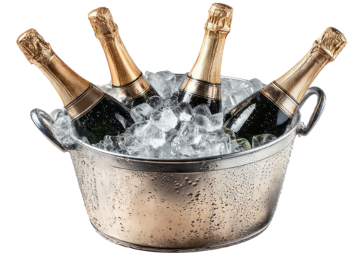 Chilled Champagne Four gold-wrapped bottles in ice bucket