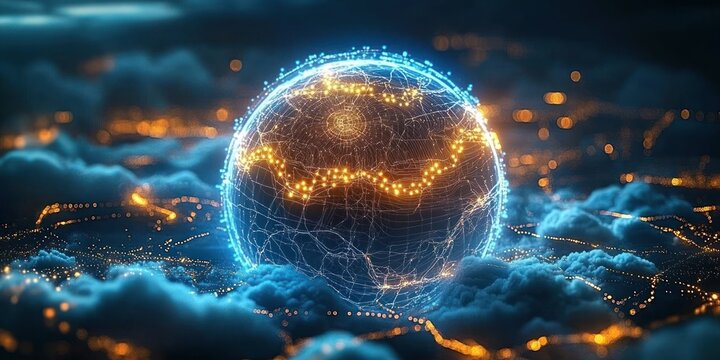 Glowing digital globe of interconnected blue wireframe and golden data nodes hovering above soft clouds and distant city lights, evoking awe and global connectivity
