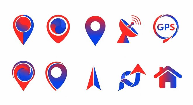 A set of ten gradient red and blue icons representing location, navigation, GPS, and mapping concepts for digital interfaces.