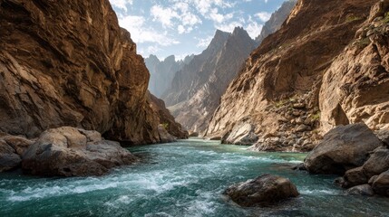 Dramatic rocky canyon with turquoise river flowing between steep cliffs under bright sky in remote mountain landscape