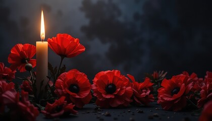 A lit candle surrounded by red poppy flowers against a dark cloudy background in a somber setting