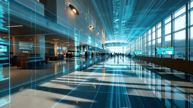 Futuristic airport terminal showcasing digital enhancements, busy travelers, and modern architecture