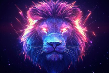 glowing geometric lion head with neon mane and piercing eyes against a starry cosmic background, majestic and intense