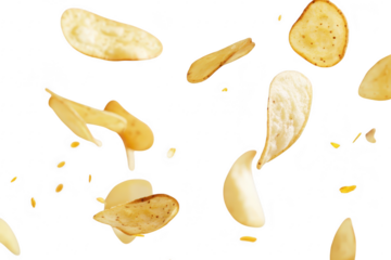 A dynamic scene flying potato chips against a light background. capturing the essence of snack enjoyment and the playful nature of food photography. ideal for culinary use