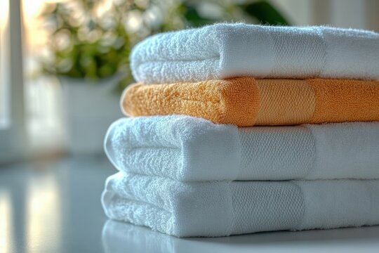 stack of folded white towels with a single orange towel on a reflective surface, soft sunlight and a blurred potted plant creating a calm, fresh mood