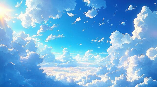 Vast blue sky filled with towering white cumulus clouds and golden sunlight peeking from the corner, evoking calm wonder and uplifting serenity