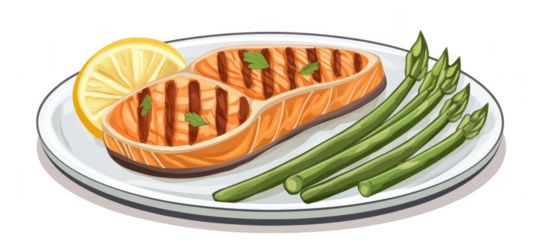 Grilled salmon fillet served with fresh asparagus and a lemon wedge on a white plate. a and appetizing meal. ideal for food blogs or culinary presentations