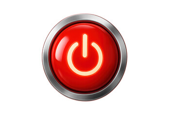 Red power button with a glowing start icon, symbolizing technology, energy, and a new beginning on transparent background