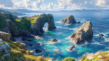 Sunlit coastal cliffs with natural rock arch and turquoise sea, rugged islets and distant mountains under dramatic cloud-filled sky, evoking serene awe