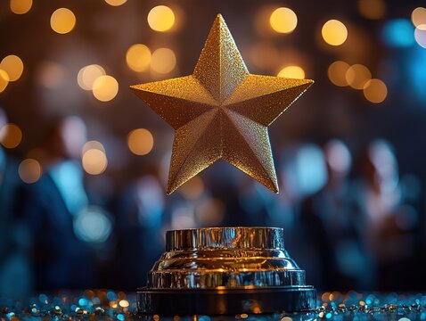 Golden glittering star trophy on a polished metallic base amid scattered confetti with blurred audience and warm bokeh lights, conveying a celebratory triumphant mood