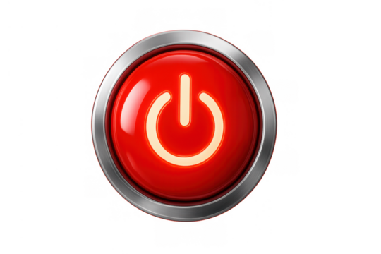 Red power button with a glowing start icon, symbolizing technology, energy, and a new beginning on transparent background