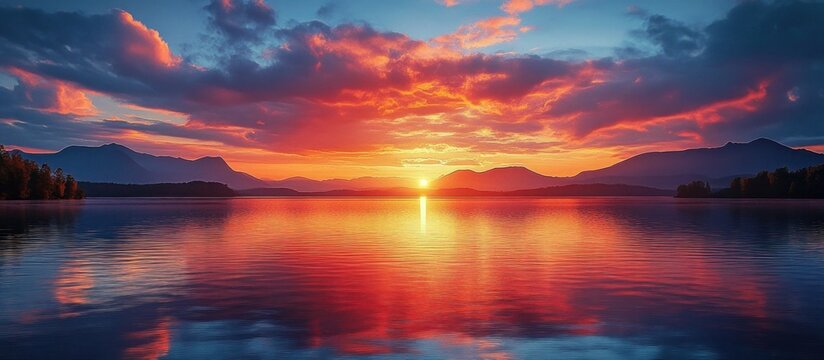 Fiery sunset over a tranquil mountain lake with vibrant clouds and mirrored reflections, a serene and majestic scene evoking calm and awe - Powered by Adobe