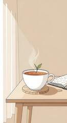 Steaming beverage in a mug rests upon a wooden coaster beside an open book near bright window light