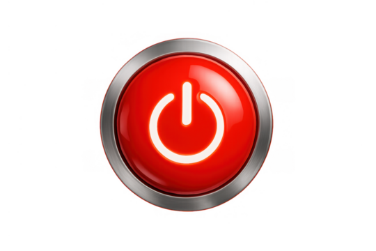 Power button glowing, red circle switch icon representing start, stop, on, or off functionality, transparent background - Powered by Adobe