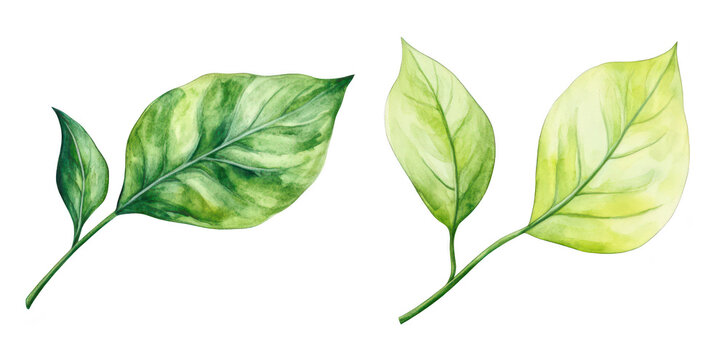A detailed illustration of two distinct green leaves their varying shapes and shades. set against a clean white background. ideal for botanical studies or nature-themed designs