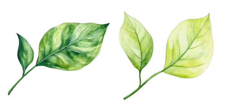 A detailed illustration of two distinct green leaves their varying shapes and shades. set against a clean white background. ideal for botanical studies or nature-themed designs