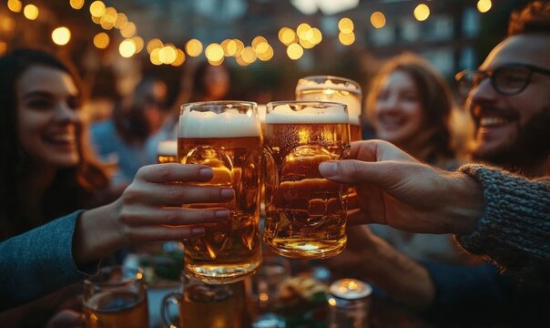 Hands clinking frothy beer mugs over a table with snacks at an outdoor evening gathering, warm string lights and bokeh creating a cozy celebratory mood - Powered by Adobe