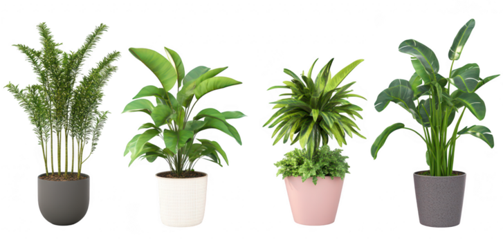 A collection of four stylish indoor potted plants arranged in a modern setting. green foliage. perfect for home decor and enhancing living spaces with natural beauty