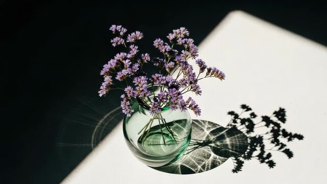 Minimalist top view of purple limonium flowers in a glass vase with dramatic sunlight. Aesthetic composition with harsh shadows and caustic reflections for a panoramic web banner
