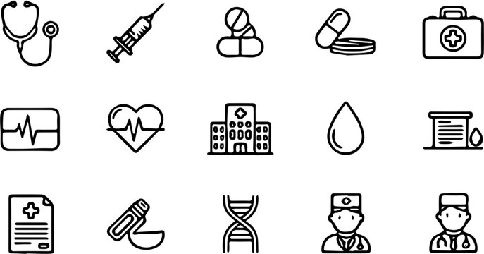 A comprehensive set of medical line icons representing healthcare services, diagnostics, and treatment concepts for digital design