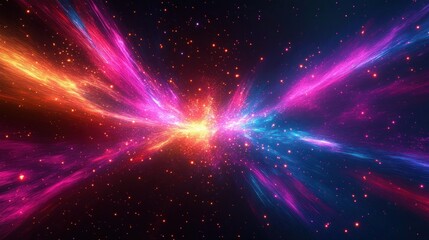 Vibrant cosmic burst with radiant pink, purple, blue and orange streaks, glowing central explosion and distant stars conveying awe and dynamic interstellar energy