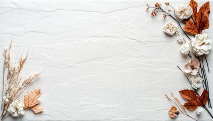 A decorative arrangement of dried flowers, leaves, and grasses on a textured white surface, creating a natural and autumnal theme with ample space for text.