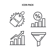 Business and marketing line icon pack with sales tag, growth chart, percentage, and funnel symbols.