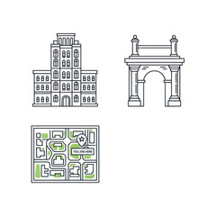 A set of city travel and landmark icons in a minimalist line art style, featuring a building, an arch, and a navigation map.