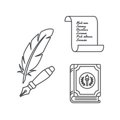 Classic literature and knowledge icon set featuring a quill pen, parchment scroll, and an old book with a torch emblem.