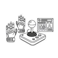 A set of virtual reality gaming peripherals including haptic gloves, an arcade joystick, and a HUD screen.