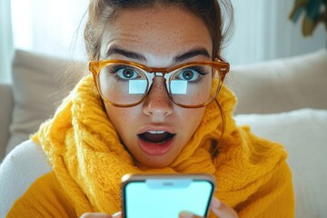 person in yellow knit scarf and sweater wearing glasses seated on a couch looking intently at a smartphone in a cozy relaxed indoor setting