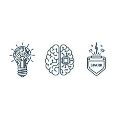 Creative technology icons set with circuit lightbulb, AI brain, and electric spark shield.