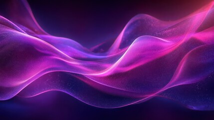 Glowing translucent purple and pink ribbons flowing like silk with sparkling particles over a dark background, evoking a dreamy, ethereal and calm futuristic mood
